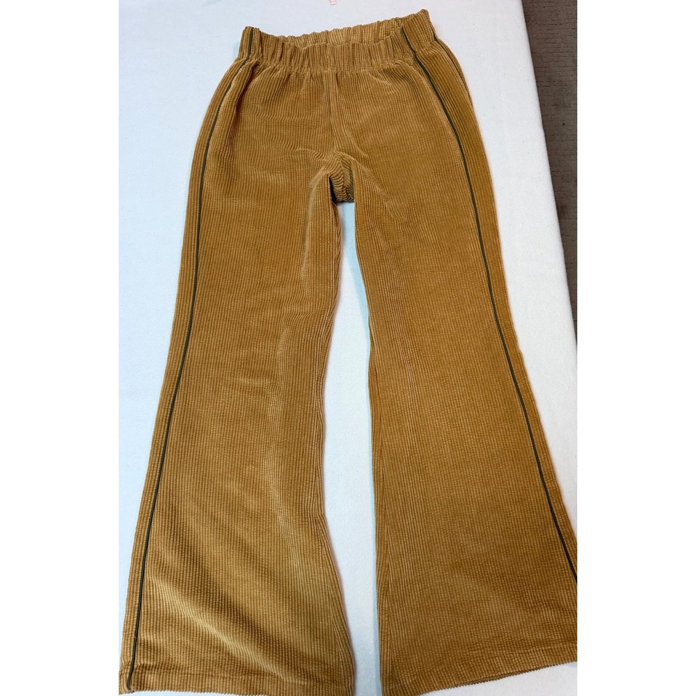Rewind Women Brown Corduroy Flare Pants Elastic Waist Contrast Piping